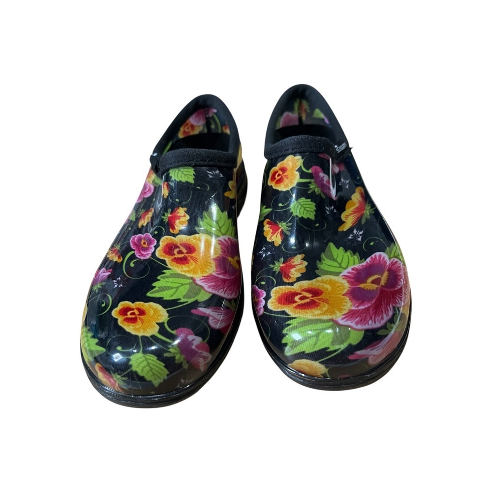 Sloggers Women's  Floral Garden Shoes Black Waterproof Rain Clogs - Size 7